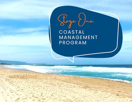 Sandy beach in the foreground, with lapping waves in the background. Text that reads Stage One, Coastal Management Program